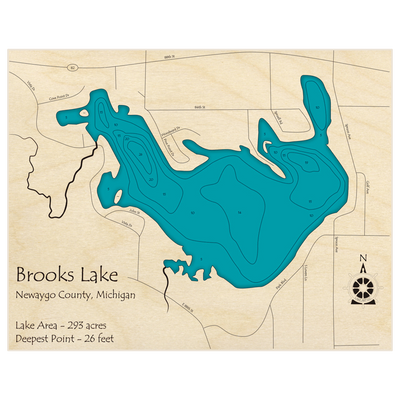 Bathymetric topo map of Brooks Lake with roads, towns and depths noted in blue water