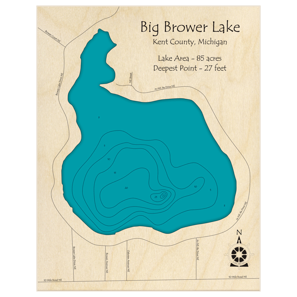 Bathymetric topo map of Big Brower Lake with roads, towns and depths noted in blue water
