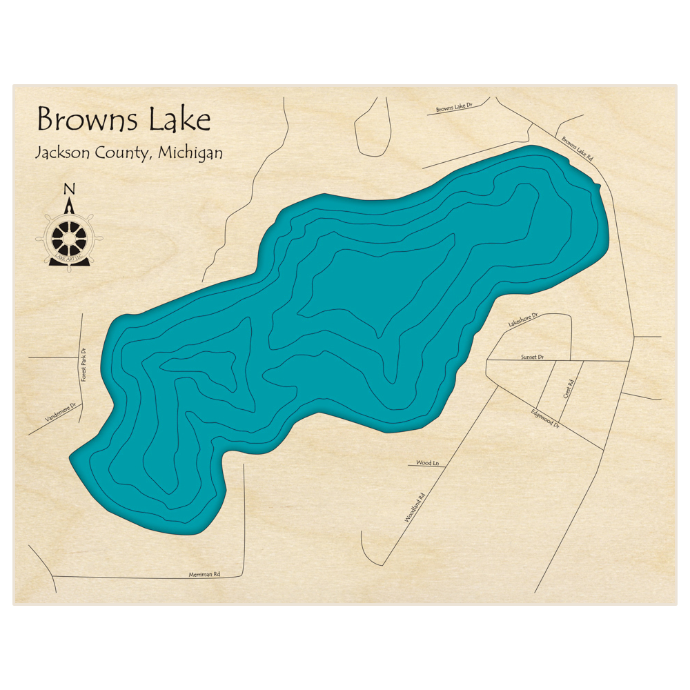 Bathymetric topo map of Browns Lake  with roads, towns and depths noted in blue water