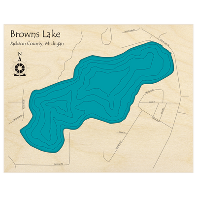 Bathymetric topo map of Browns Lake  with roads, towns and depths noted in blue water