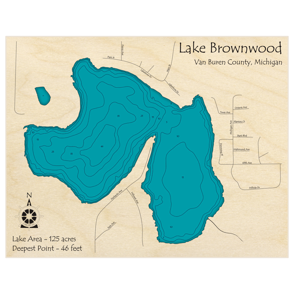 Bathymetric topo map of Lake Brownwood with roads, towns and depths noted in blue water