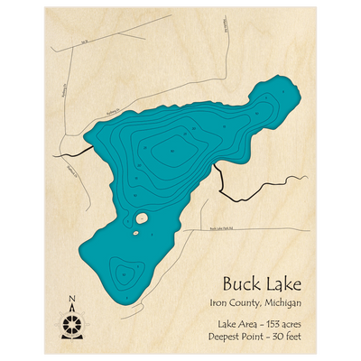 Bathymetric topo map of Buck Lake with roads, towns and depths noted in blue water
