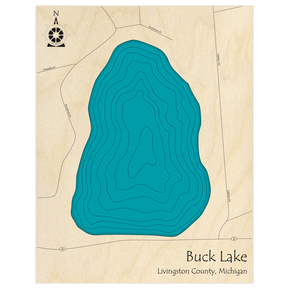 Bathymetric topo map of Buck Lake  with roads, towns and depths noted in blue water