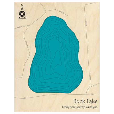 Bathymetric topo map of Buck Lake  with roads, towns and depths noted in blue water