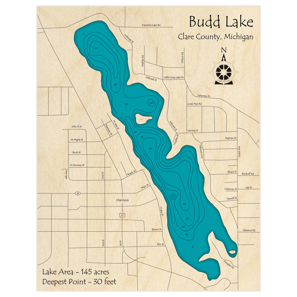 Bathymetric topo map of Budd Lake with roads, towns and depths noted in blue water