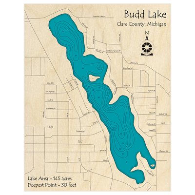 Bathymetric topo map of Budd Lake with roads, towns and depths noted in blue water