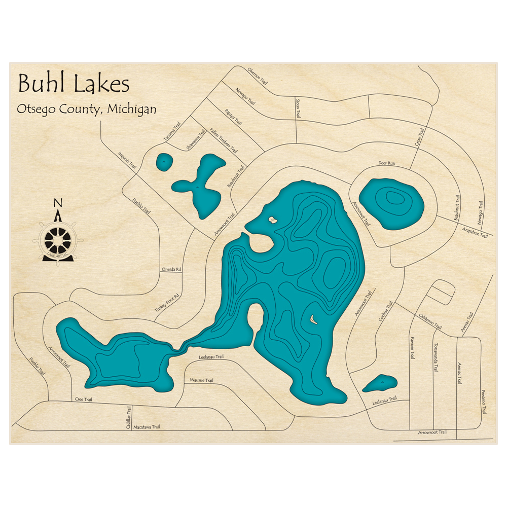 Bathymetric topo map of Buhl Lakes  with roads, towns and depths noted in blue water