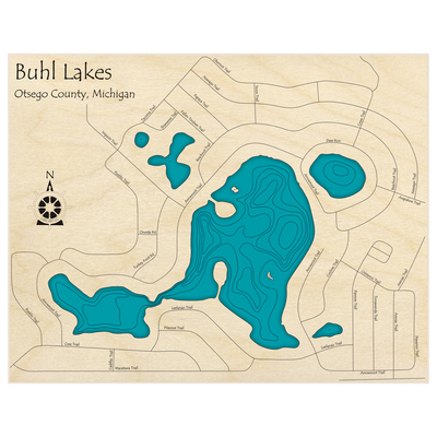 Bathymetric topo map of Buhl Lakes  with roads, towns and depths noted in blue water