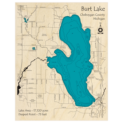 Bathymetric topo map of Burt Lake with roads, towns and depths noted in blue water
