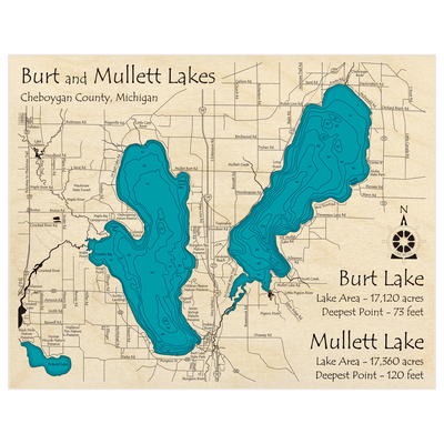 Bathymetric topo map of Burt Lake (w Mullett Lake) with roads, towns and depths noted in blue water