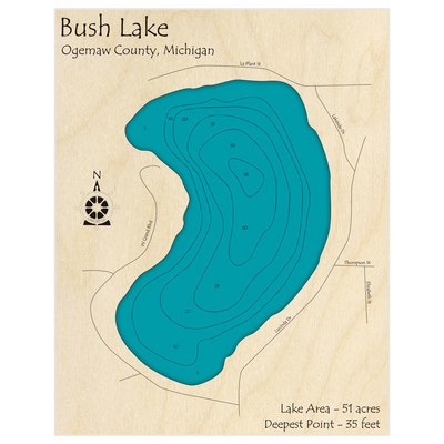 Bathymetric topo map of Bush Lake with roads, towns and depths noted in blue water
