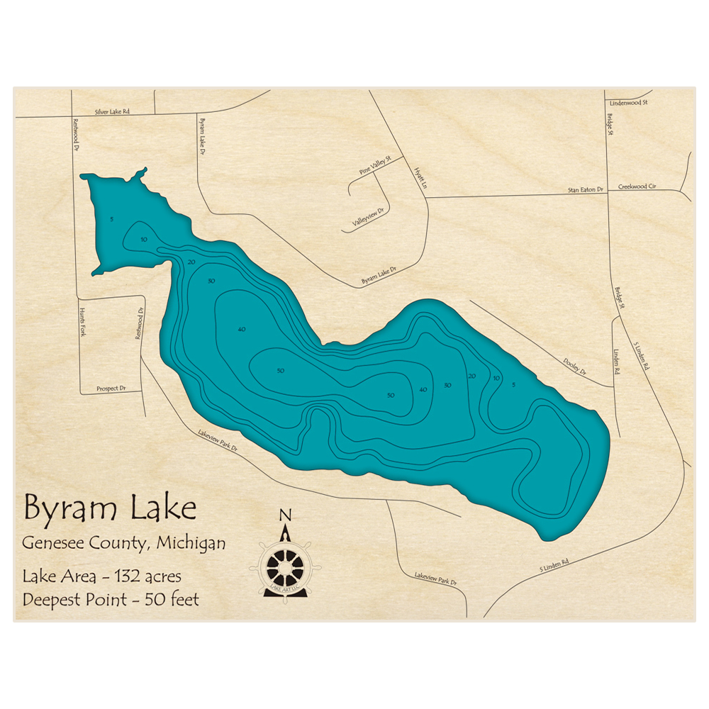 Bathymetric topo map of Byram Lake with roads, towns and depths noted in blue water