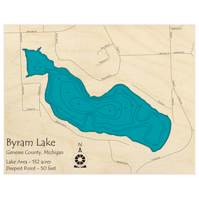 Bathymetric topo map of Byram Lake with roads, towns and depths noted in blue water