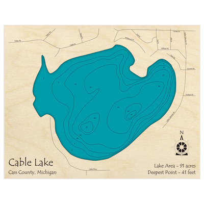 Bathymetric topo map of Cable Lake with roads, towns and depths noted in blue water