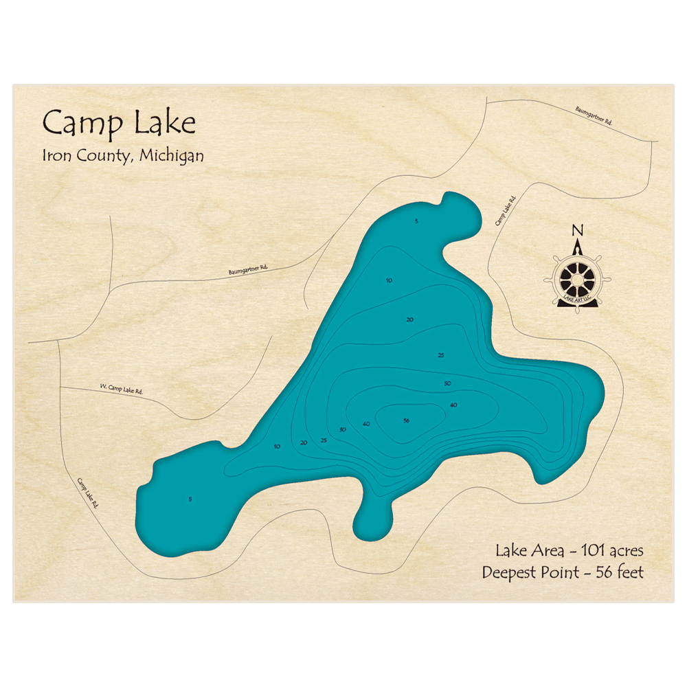 Bathymetric topo map of Camp Lake with roads, towns and depths noted in blue water