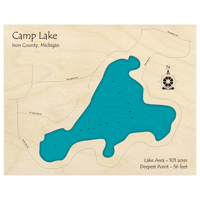 Bathymetric topo map of Camp Lake with roads, towns and depths noted in blue water