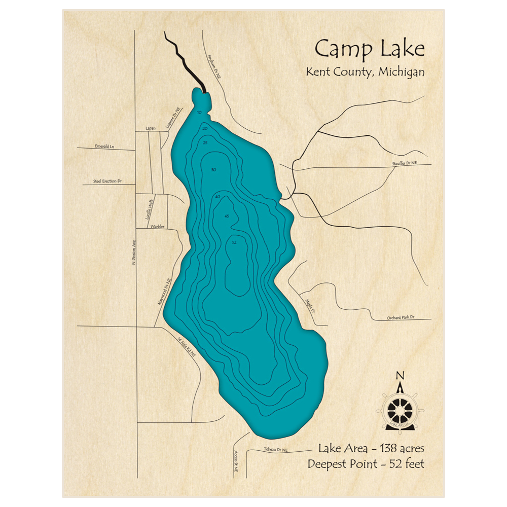 Bathymetric topo map of Camp Lake with roads, towns and depths noted in blue water