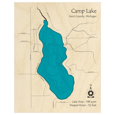 Bathymetric topo map of Camp Lake with roads, towns and depths noted in blue water