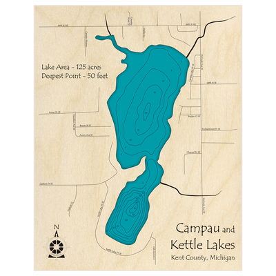 Bathymetric topo map of Campau Lake and Kettle Lake with roads, towns and depths noted in blue water