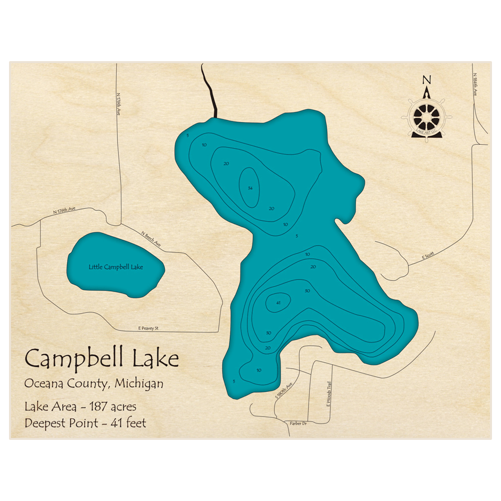 Bathymetric topo map of Campbell Lake with roads, towns and depths noted in blue water
