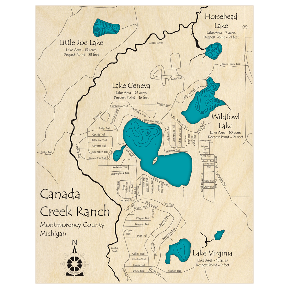 Bathymetric topo map of Canada Creek Ranch Lakes with roads, towns and depths noted in blue water