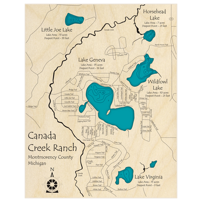 Bathymetric topo map of Canada Creek Ranch Lakes with roads, towns and depths noted in blue water