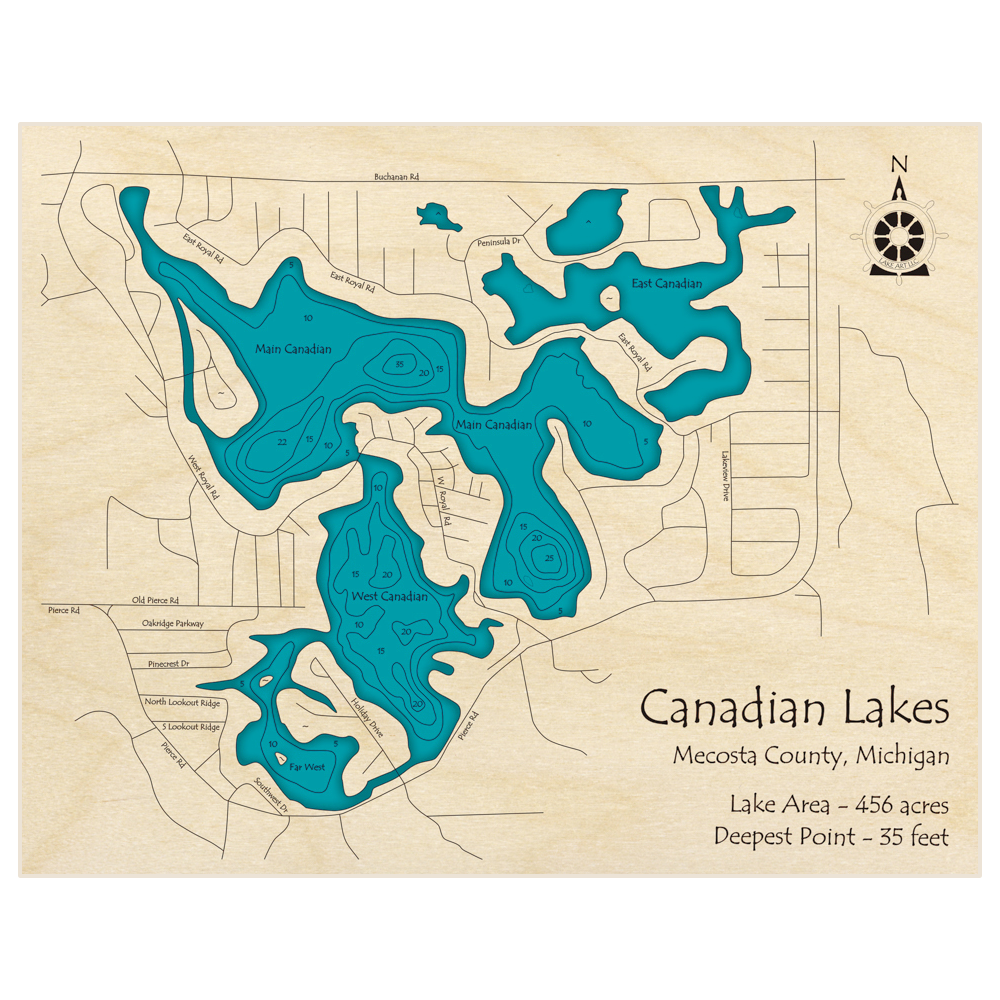 Bathymetric topo map of Canadian Lakes with roads, towns and depths noted in blue water