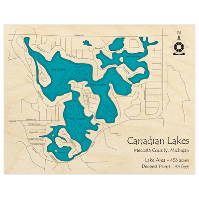 Bathymetric topo map of Canadian Lakes with roads, towns and depths noted in blue water