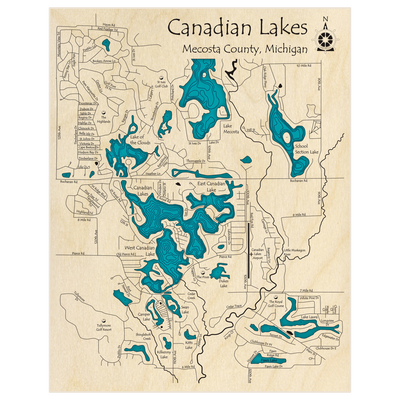 Bathymetric topo map of Canadian Lakes (Extended) with roads, towns and depths noted in blue water