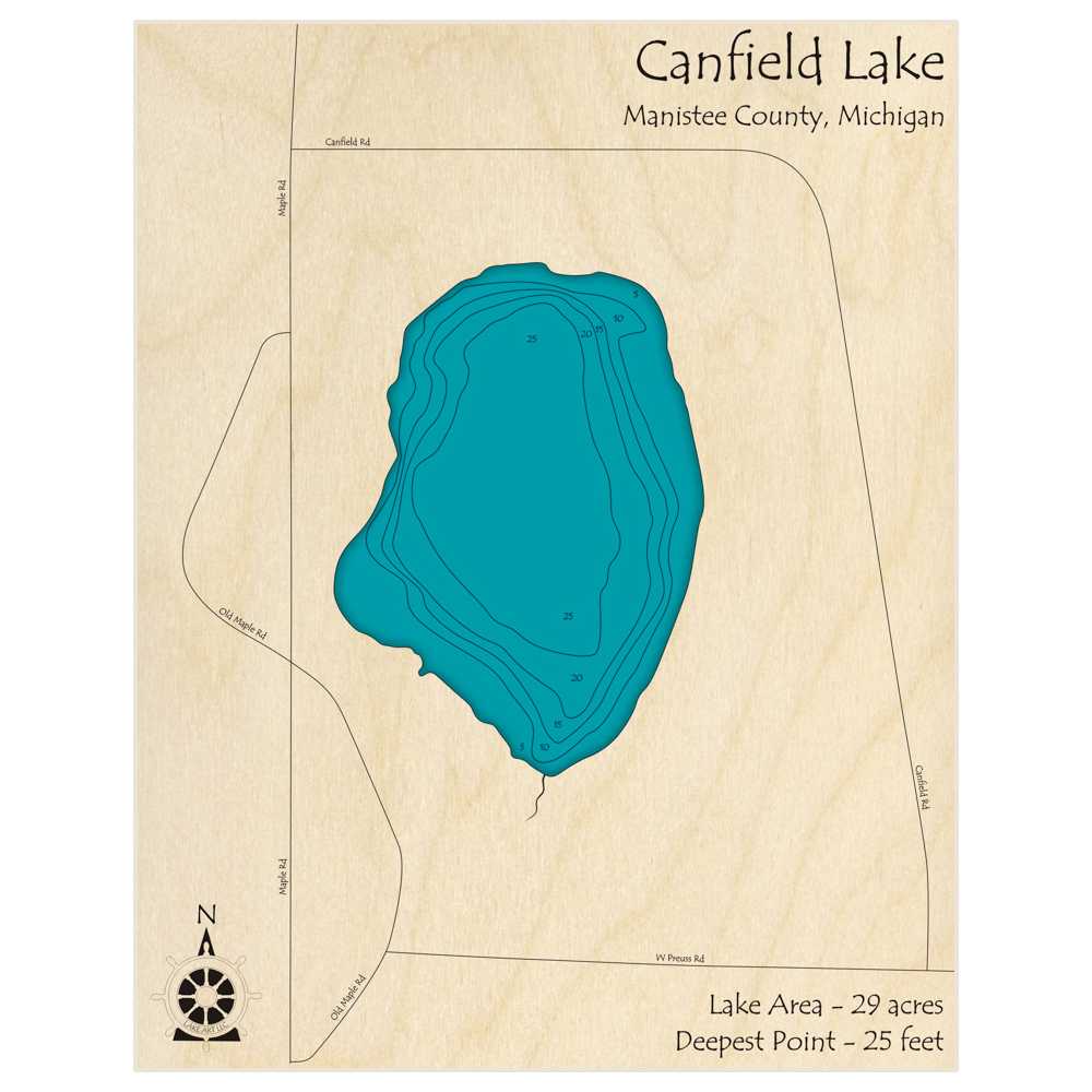 Bathymetric topo map of Canfield Lake with roads, towns and depths noted in blue water