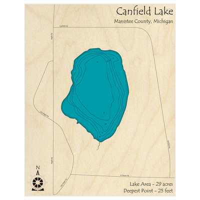 Bathymetric topo map of Canfield Lake with roads, towns and depths noted in blue water
