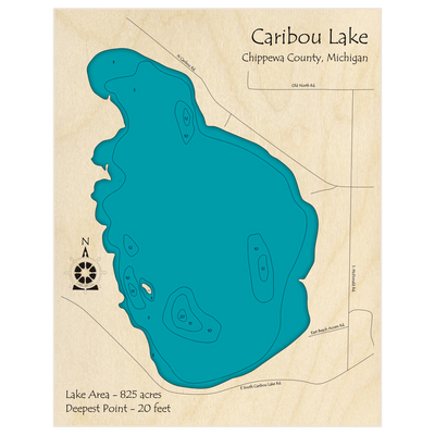 Bathymetric topo map of Caribou Lake with roads, towns and depths noted in blue water