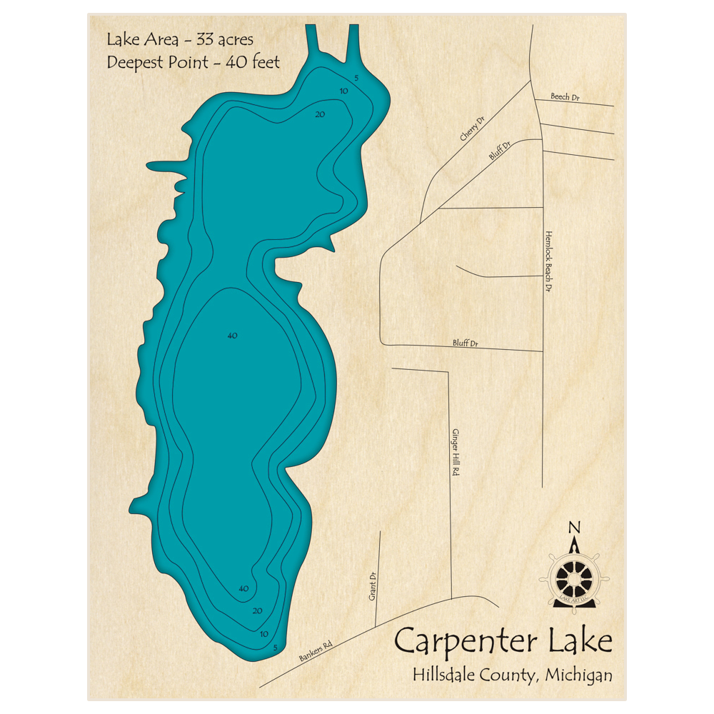 Bathymetric topo map of Carpenter Lake with roads, towns and depths noted in blue water