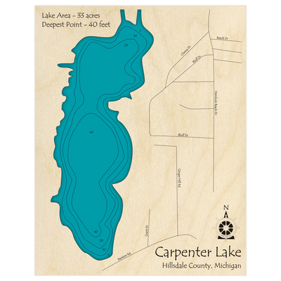 Bathymetric topo map of Carpenter Lake with roads, towns and depths noted in blue water