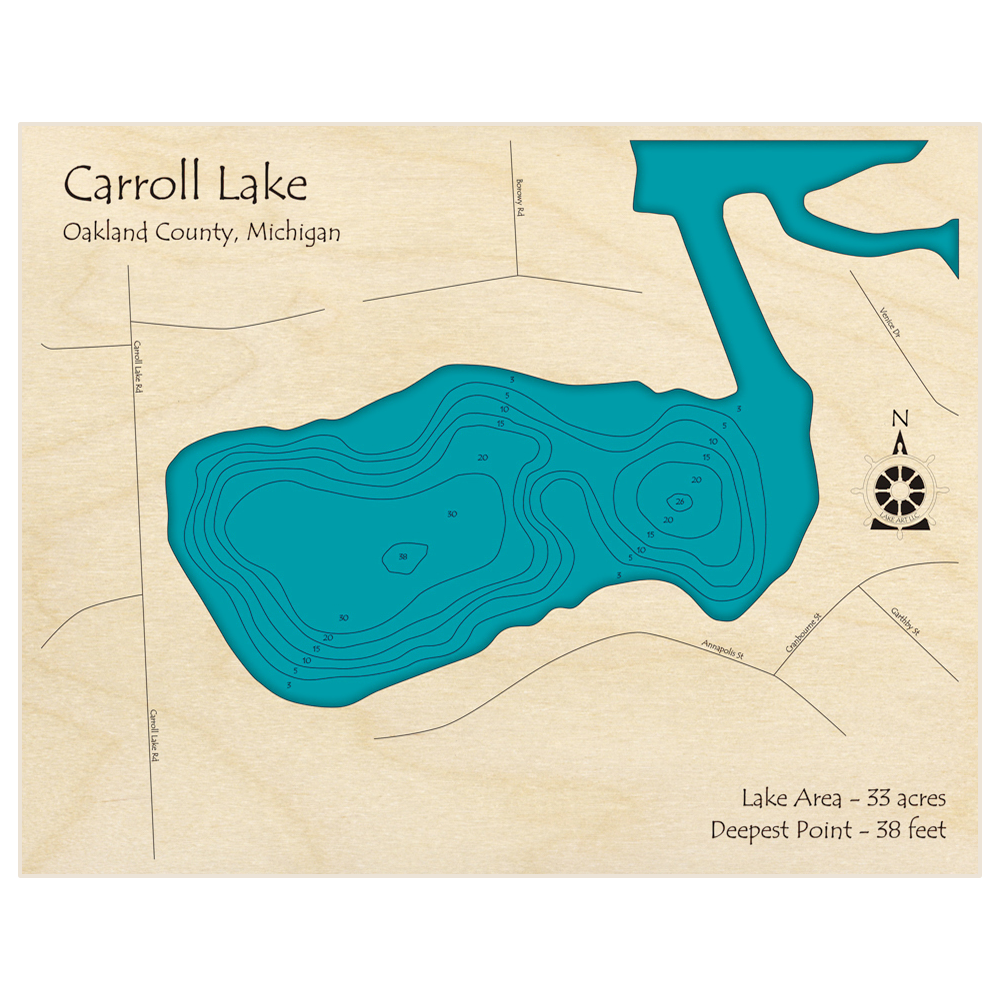 Bathymetric topo map of Carroll Lake with roads, towns and depths noted in blue water
