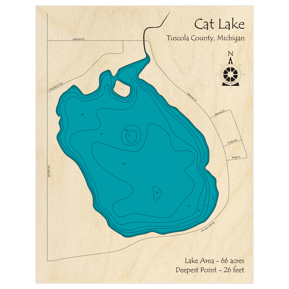 Bathymetric topo map of Cat Lake with roads, towns and depths noted in blue water