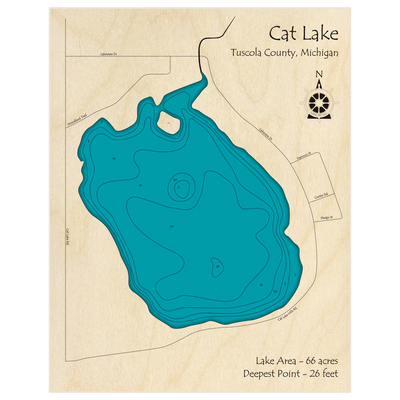 Bathymetric topo map of Cat Lake with roads, towns and depths noted in blue water