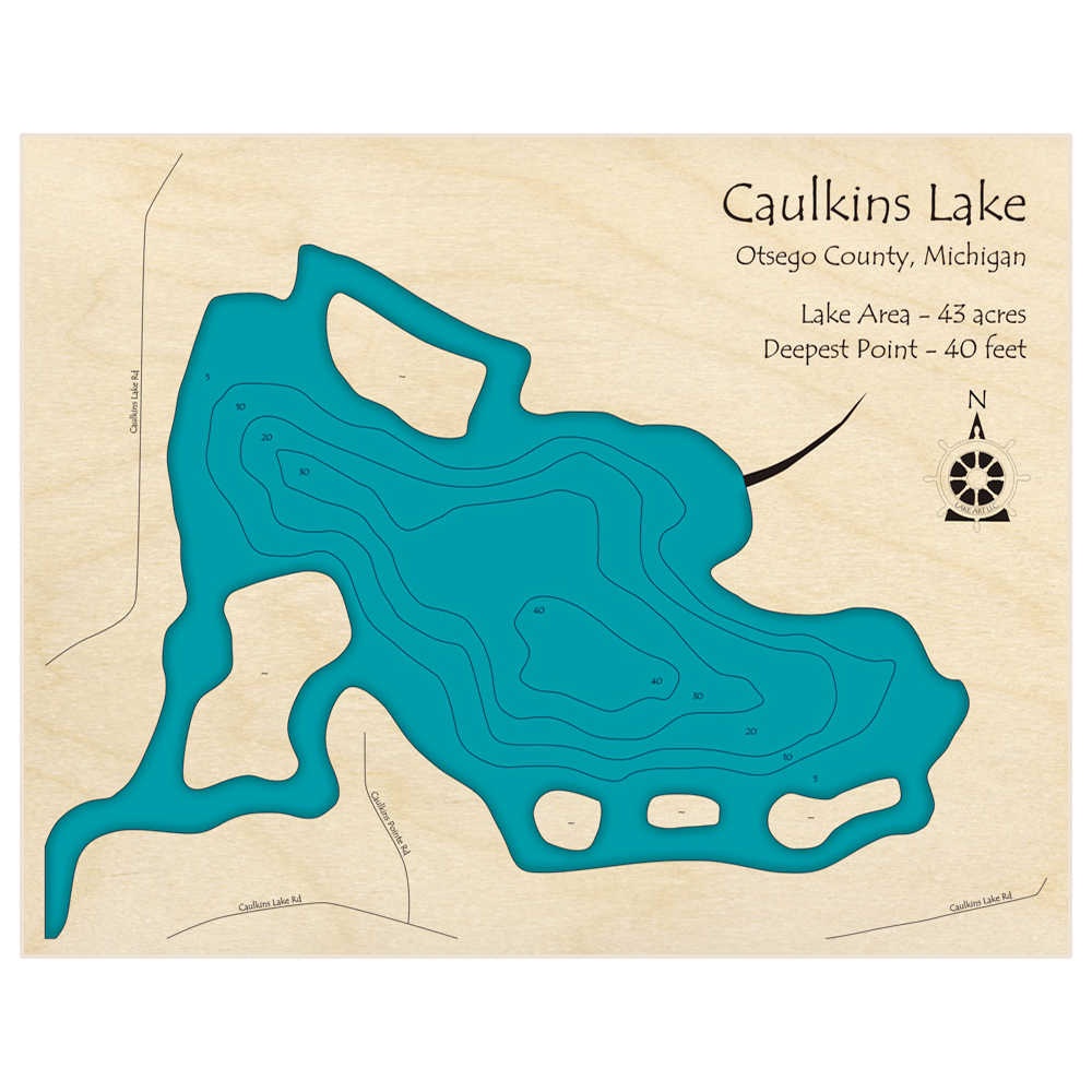 Bathymetric topo map of Caulkins Lake with roads, towns and depths noted in blue water