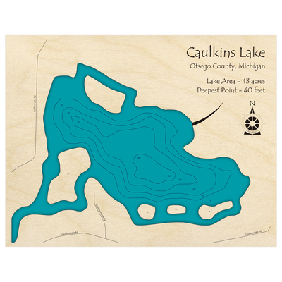 Bathymetric topo map of Caulkins Lake with roads, towns and depths noted in blue water