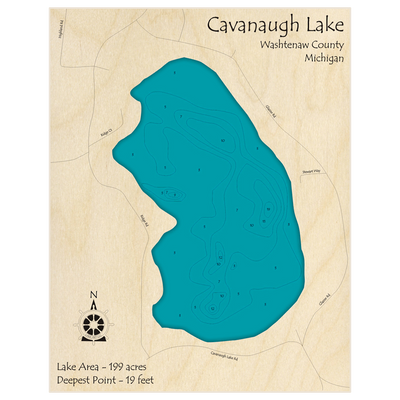 Bathymetric topo map of Cavanaugh Lake with roads, towns and depths noted in blue water