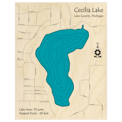 Bathymetric topo map of Cecilia Lake with roads, towns and depths noted in blue water