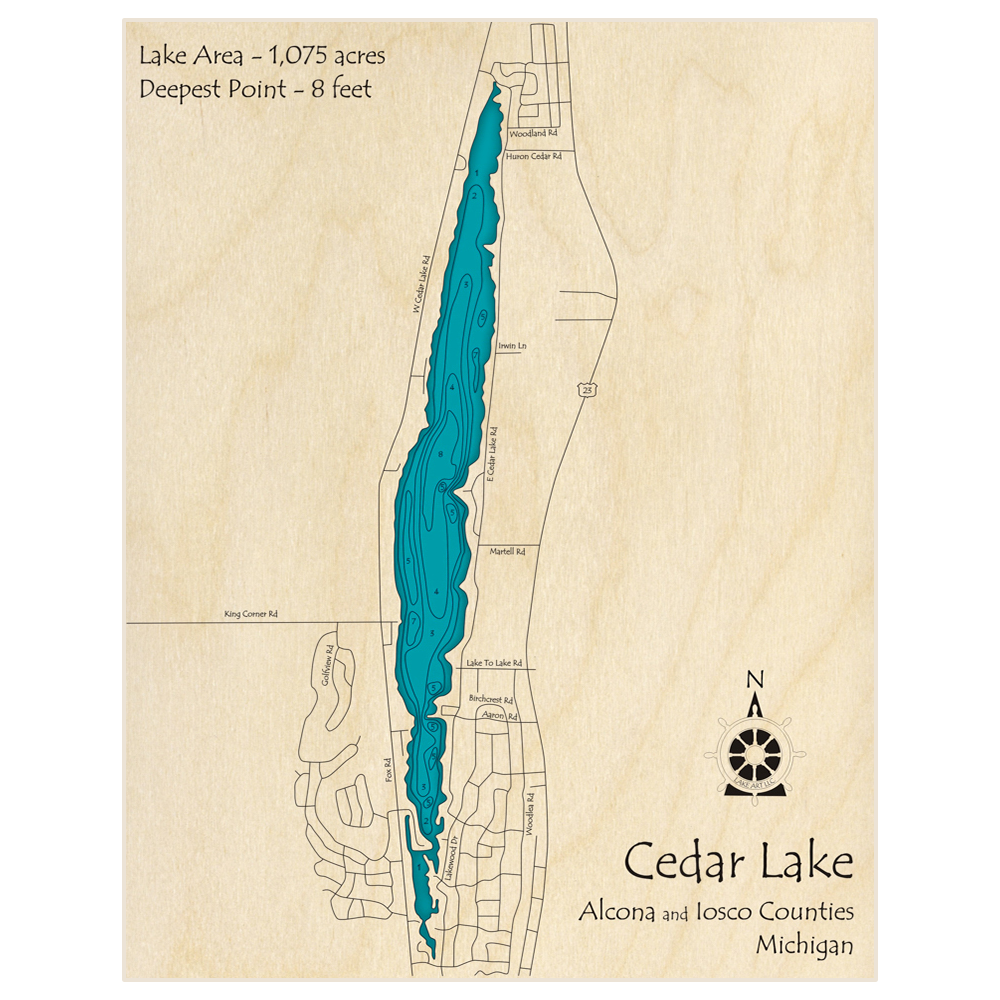 Bathymetric topo map of Cedar Lake with roads, towns and depths noted in blue water