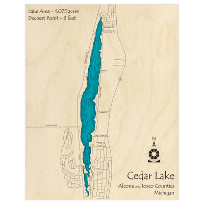 Bathymetric topo map of Cedar Lake with roads, towns and depths noted in blue water