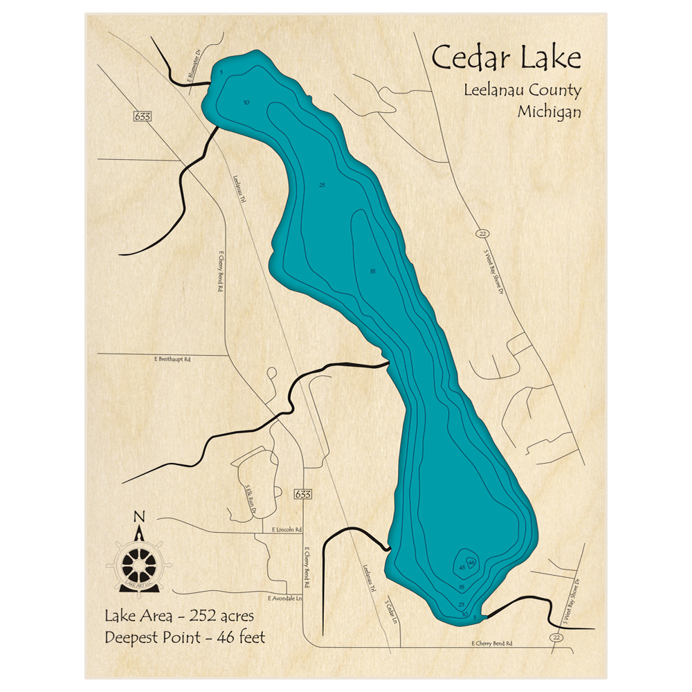 Bathymetric topo map of Cedar Lake with roads, towns and depths noted in blue water