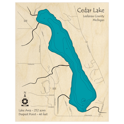 Bathymetric topo map of Cedar Lake with roads, towns and depths noted in blue water