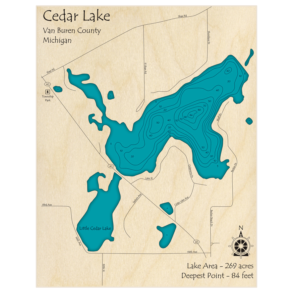Bathymetric topo map of Cedar Lake with roads, towns and depths noted in blue water