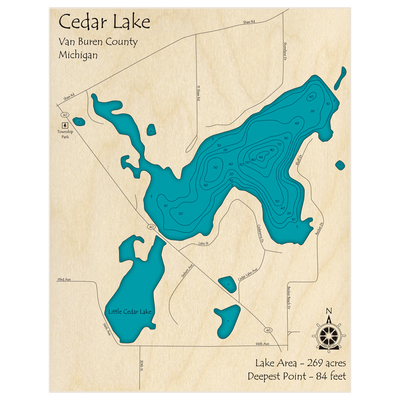 Bathymetric topo map of Cedar Lake with roads, towns and depths noted in blue water