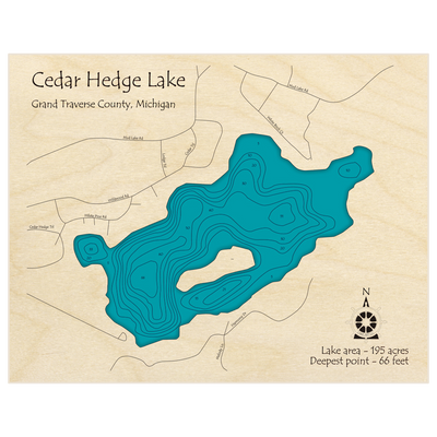 Bathymetric topo map of Cedar Hedge Lake with roads, towns and depths noted in blue water