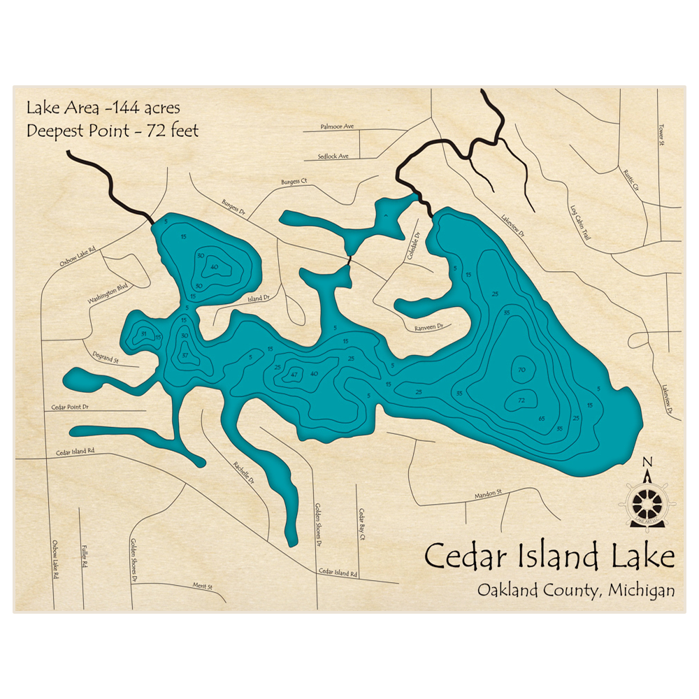 Bathymetric topo map of Cedar Island Lake with roads, towns and depths noted in blue water
