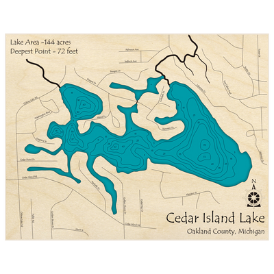 Bathymetric topo map of Cedar Island Lake with roads, towns and depths noted in blue water